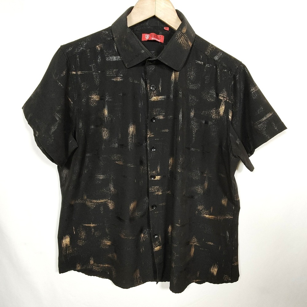 Suslo Button-Up Shirt Men's XL Black Metallic Abstract Brushstroke Short Sleeve